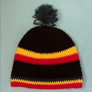 CROCHETED striped pom pom beanie hat red yellow green black unisex size OSFA